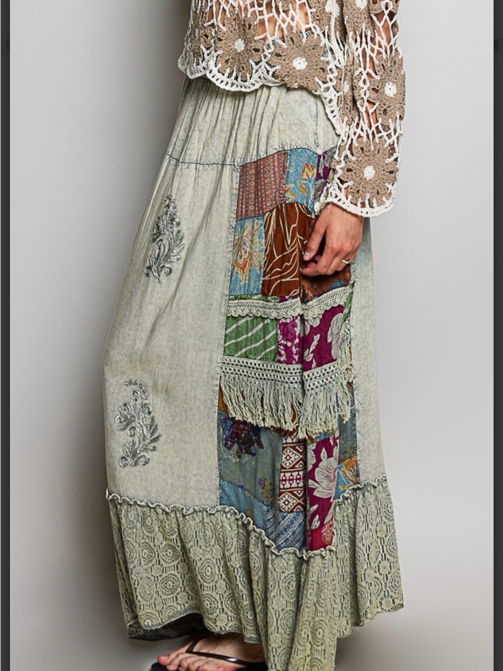 POL One of a Kind Patchwork Embroidered Ruffled Maxi Skirt Sage Multi - Picture 3 of 8